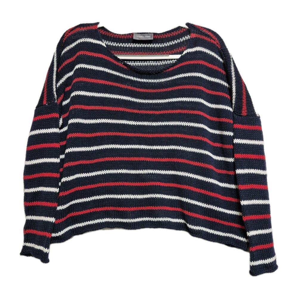 Wooden Ships Knit Sweater Navy Red White Striped Size S/M Semi Crop Relaxed